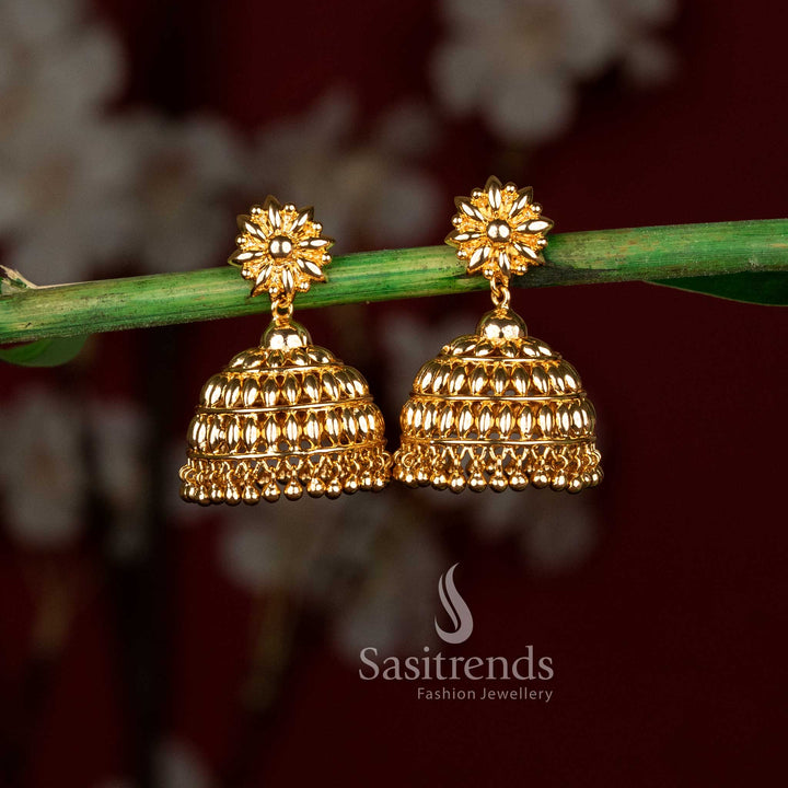 Elegant micro gold plated sunflower paddy jhumka earrings with gold ghungroos for temple and traditional wear – Sasitrends