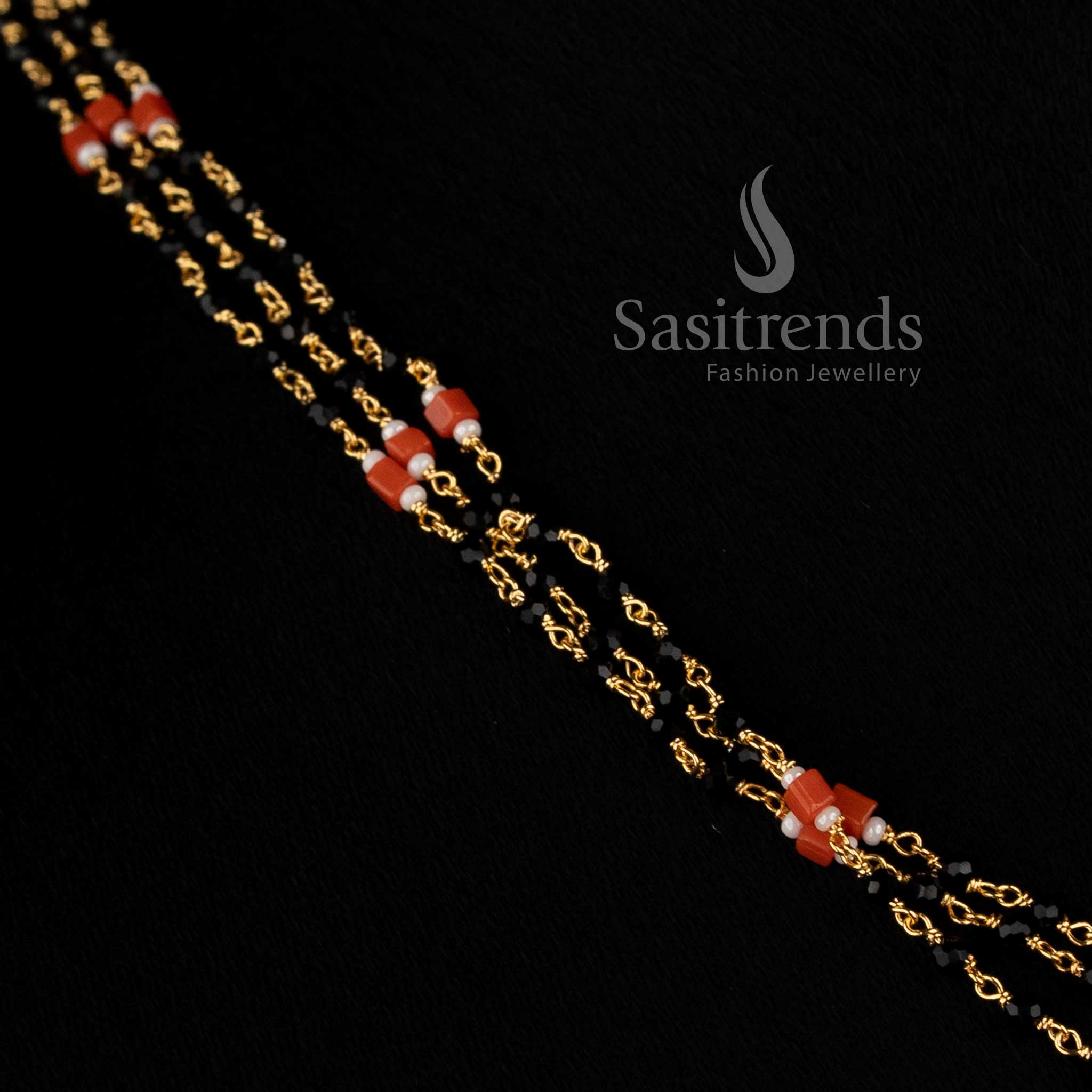 Micro Gold Plated triple-strand Cubic Zirconia beaded necklace with detailed link design by Sasitrends 