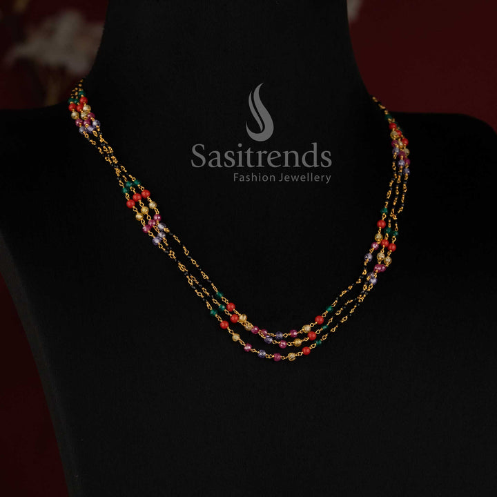Micro Gold Plated triple-strand multicolour beaded necklace with cubic zirconia stones sasitrends