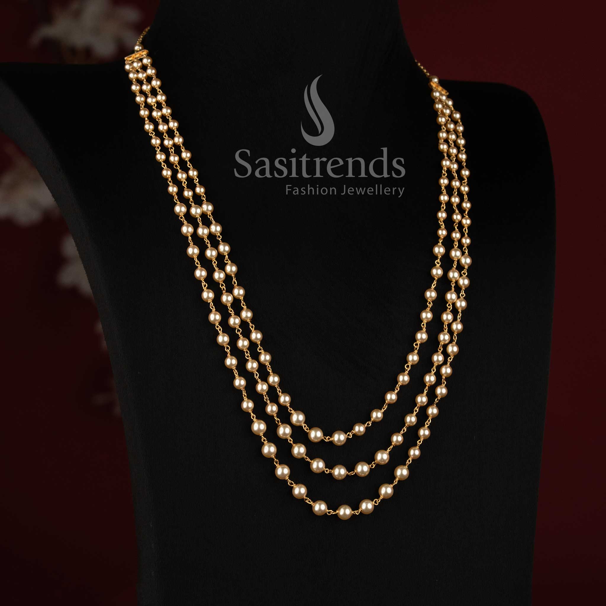 Micro Gold Plated triple-strand round pearl link chain necklace with layered traditional design by Sasitrends 