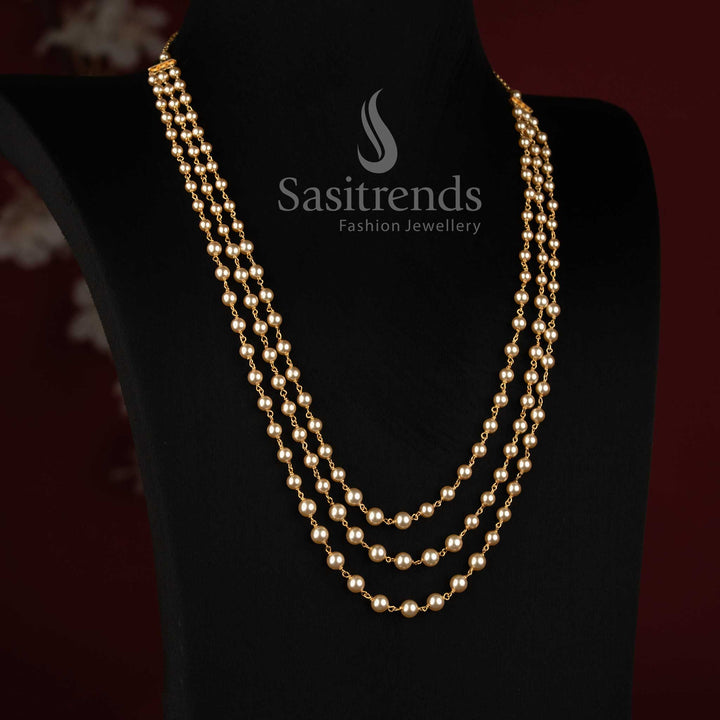 Guaranteed One Gram Micro Gold Plated Triple-Strand Round Pearl Link Chain Necklace | Traditional Layered Jewellery