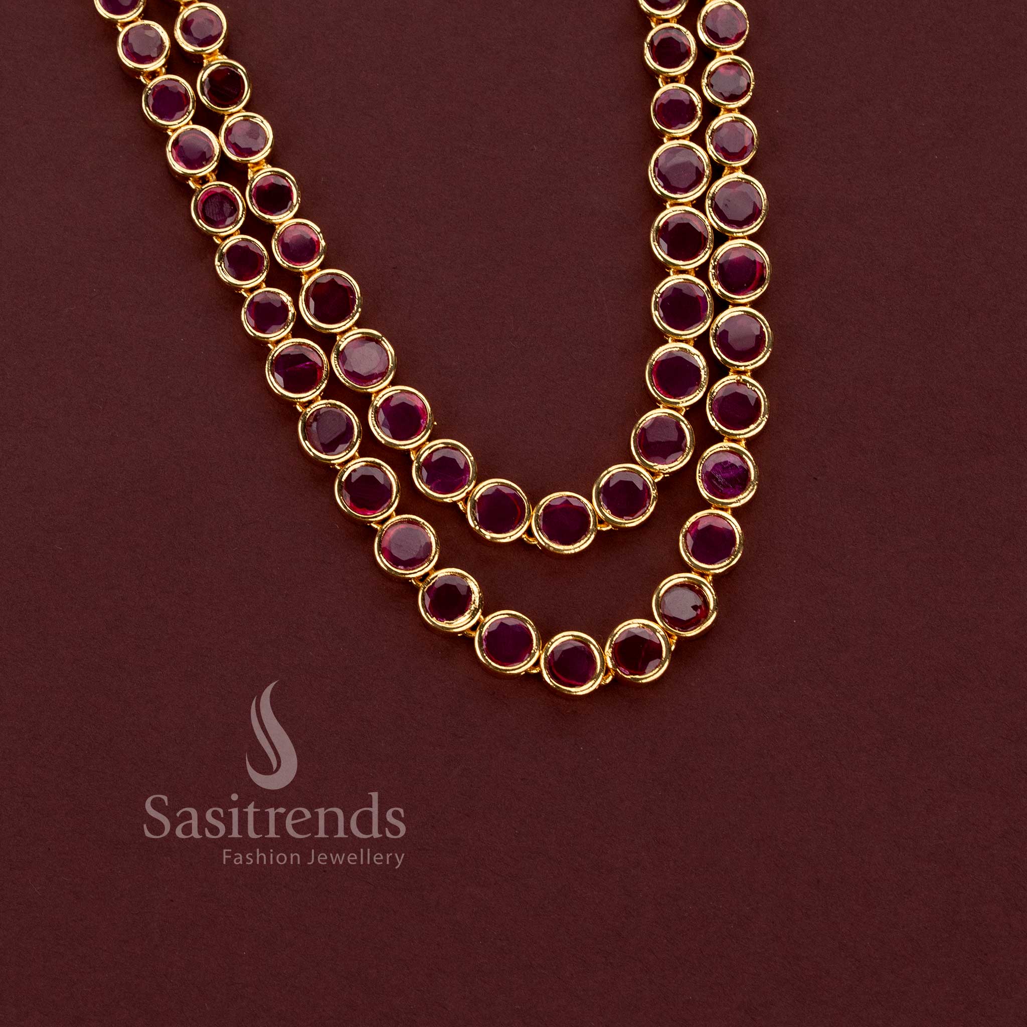 Sasitrends micro gold plated two-line ruby American Diamond necklace