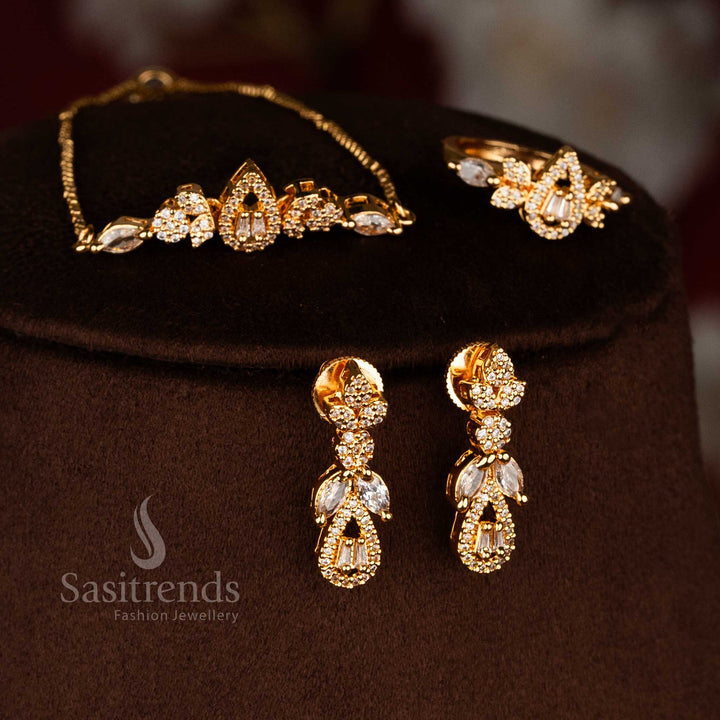 One gram jewellery necklace set designed with repeating teardrop drop pattern, curved stone-set base, and structured white American diamond layout - Sasitrends