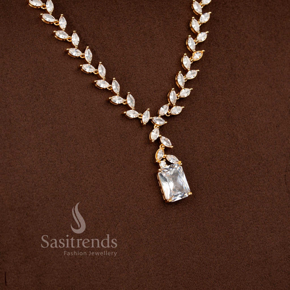 Sasitrends elegant white American Diamond long necklace set featuring slim marquise link chain and vertical drop earrings