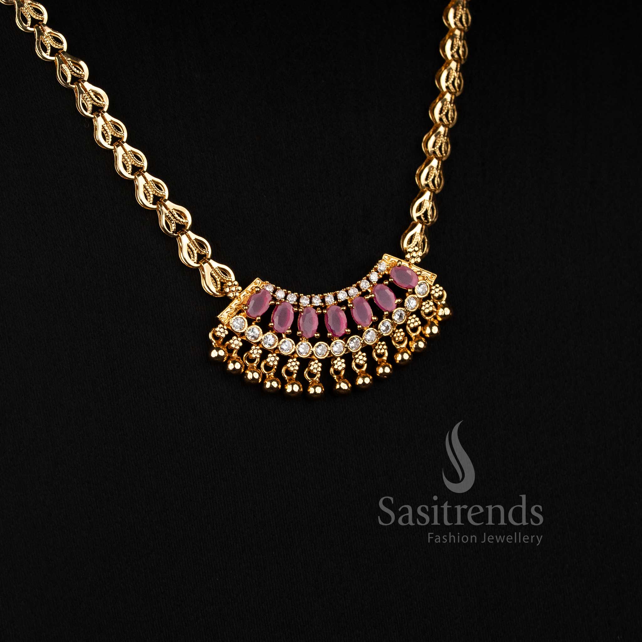 Regal arch white ruby AD stone drop necklace in one gram micro gold plating with golden beads