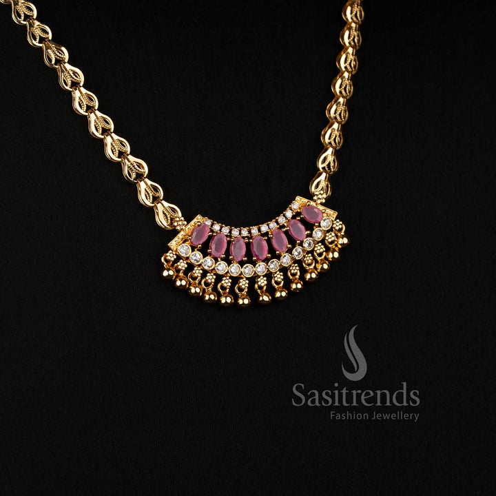 Regal arch white ruby AD stone drop necklace in one gram micro gold plating with golden beads