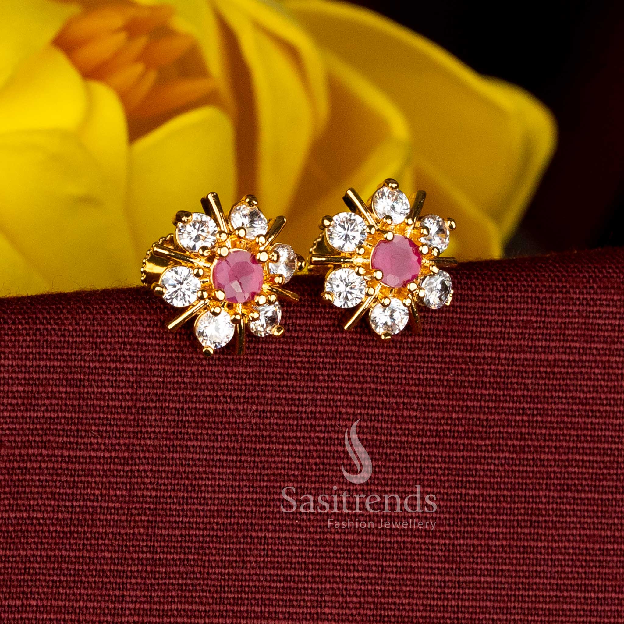 24K Micro gold plated white ruby AD stone and floral stud earrings with round centre design - Sasitrends