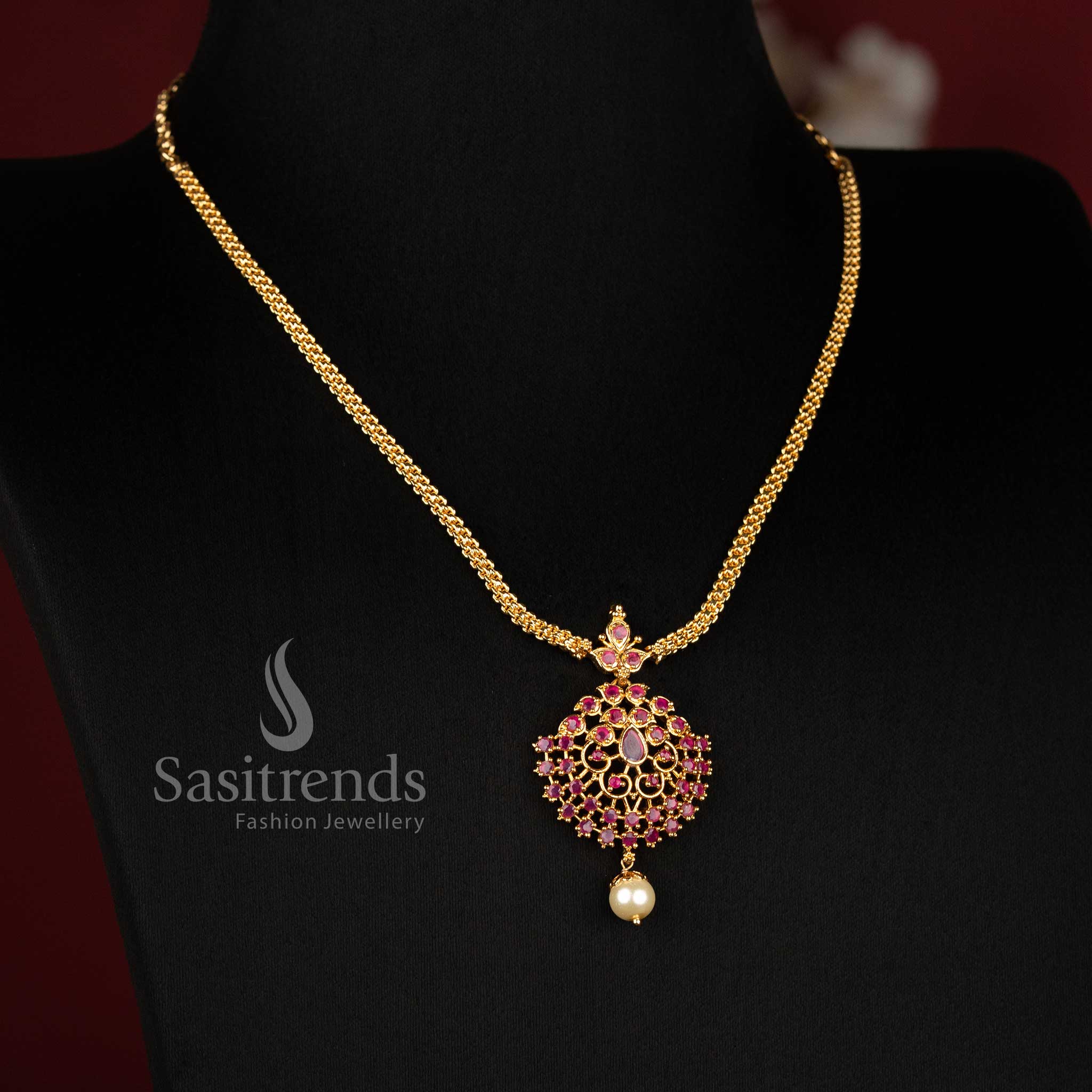 Sasitrends micro gold plated floral ruby emerald AD stone necklace with elegant pearl drop