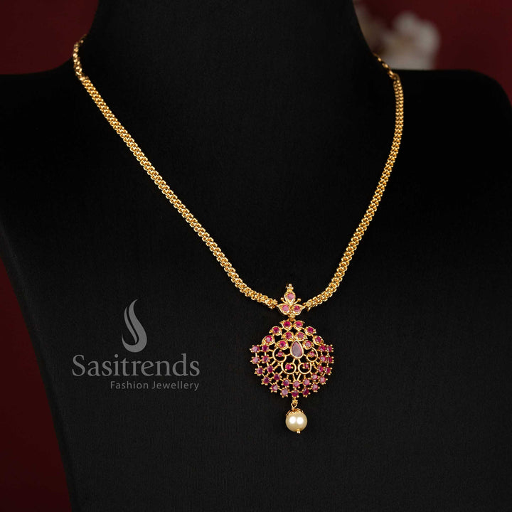 Sasitrends micro gold plated floral ruby emerald AD stone necklace with elegant pearl drop