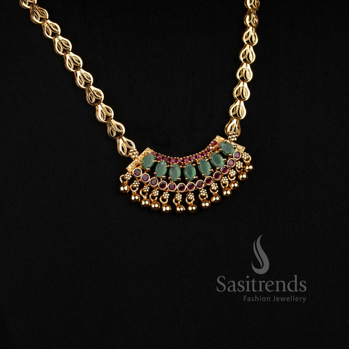 Micro gold plated ruby green AD stone necklace with elegant arch motifs and golden bead drops
