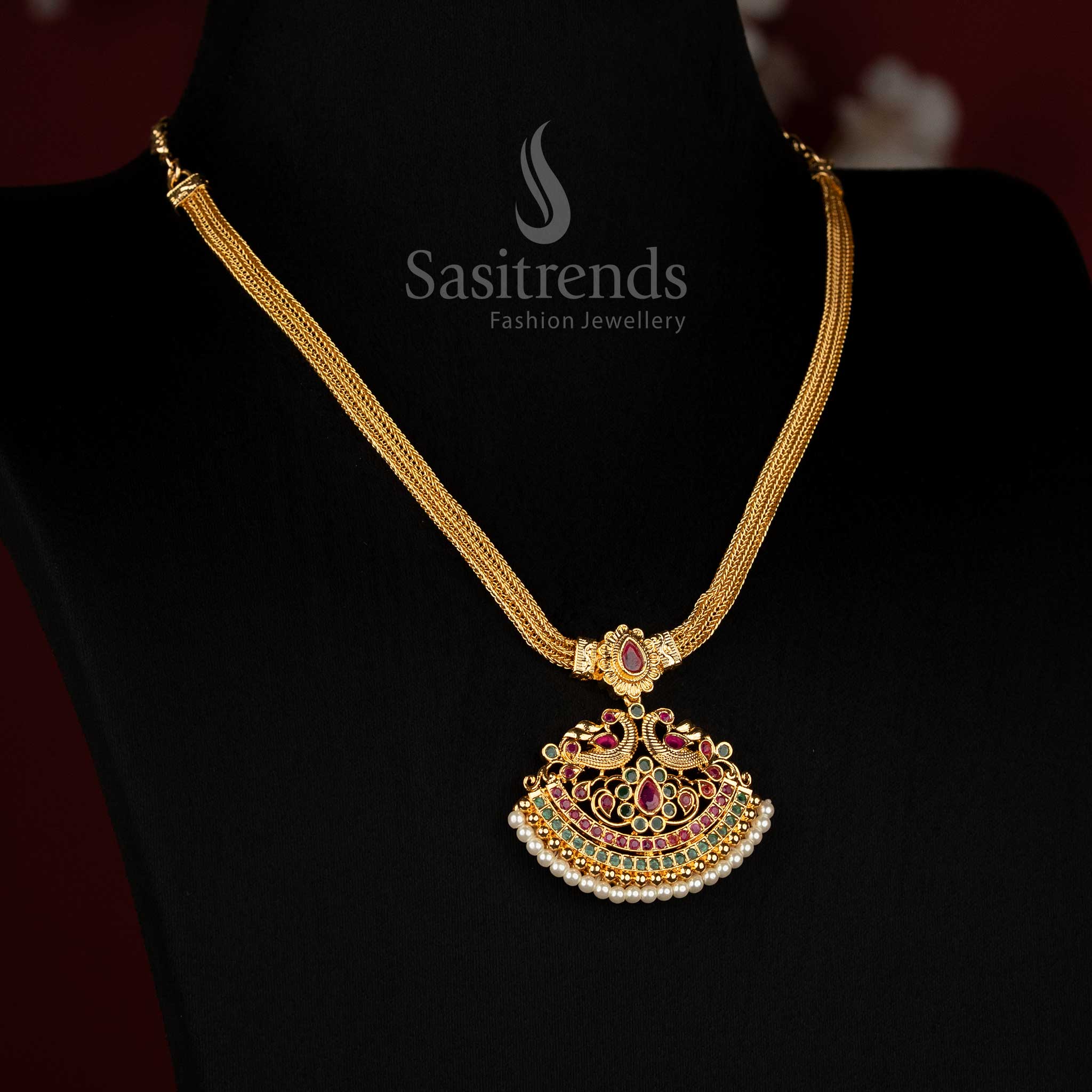 Sasitrends micro gold plated twin peacock necklace with ruby green AD stones and pearl cluster drops