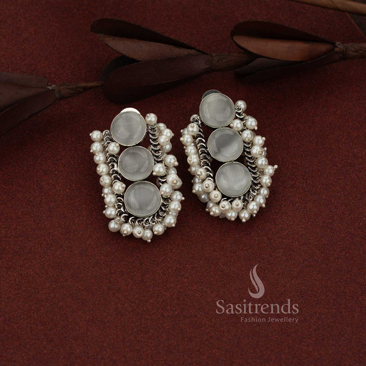 Sasitrends minimal oxidised silver U-cut grey stud earrings with triple stone and pearl detailing for everyday styling