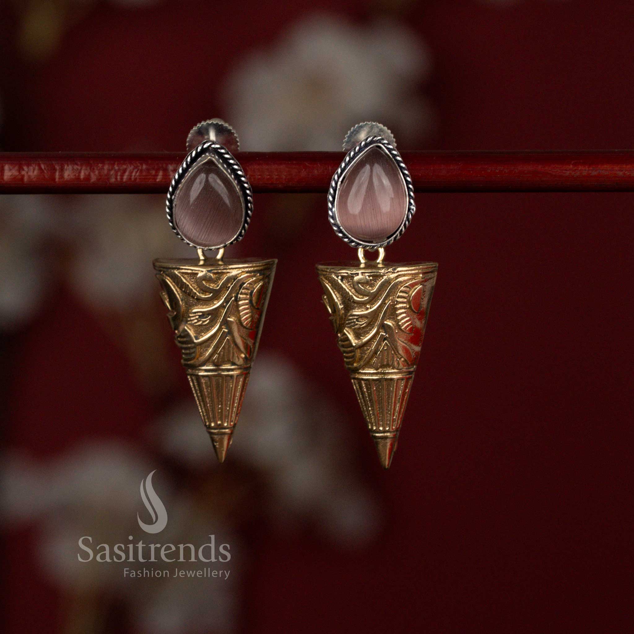 Modern brown oxidised silver stud earrings from Sasitrends crafted in a refined teardrop to cone silhouette, offering a contemporary statement piece ideal for creative gatherings and everyday casual styling.