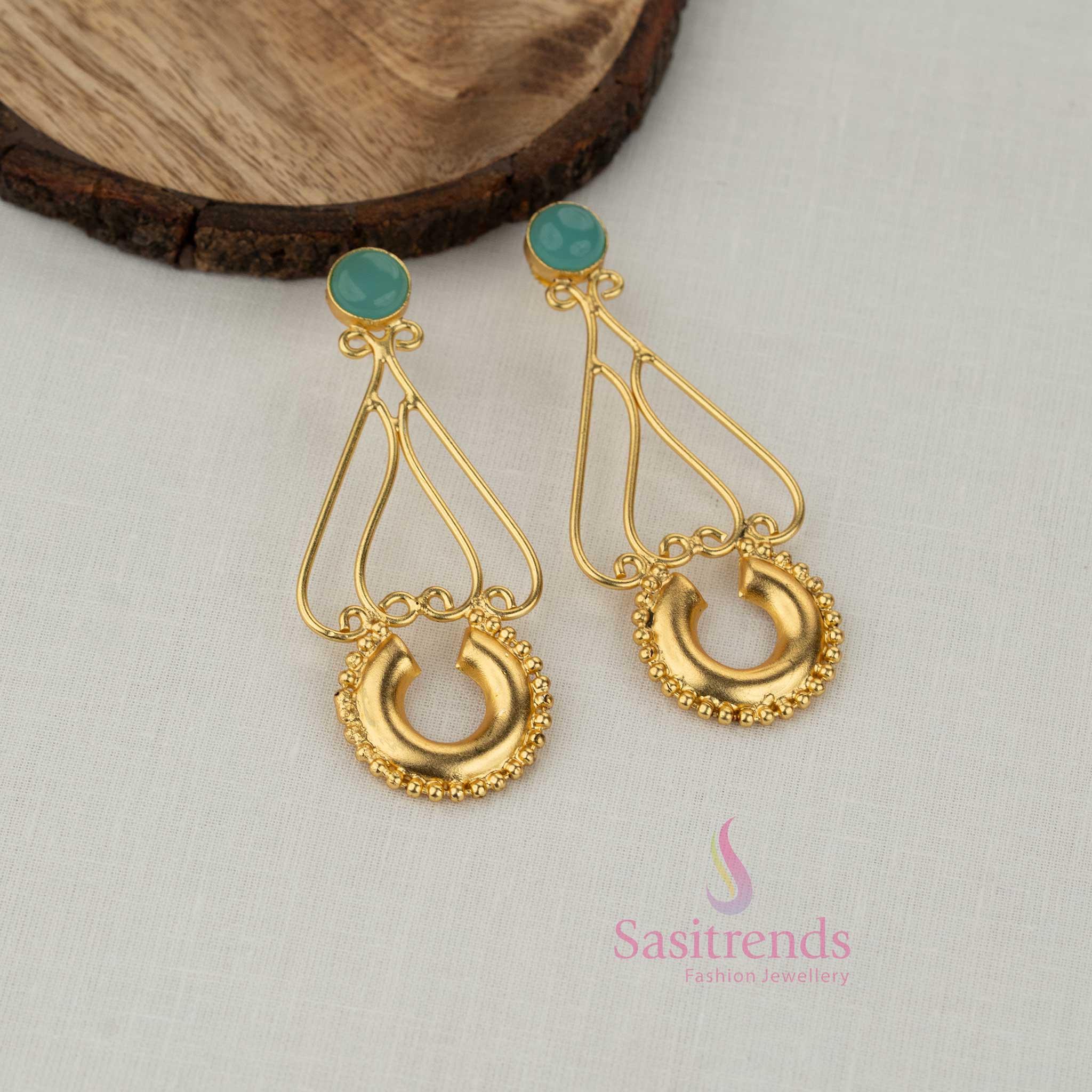 Sasitrends stylish gold plated mint stone drop earrings featuring open teardrop frame and ornamental detailing for girls