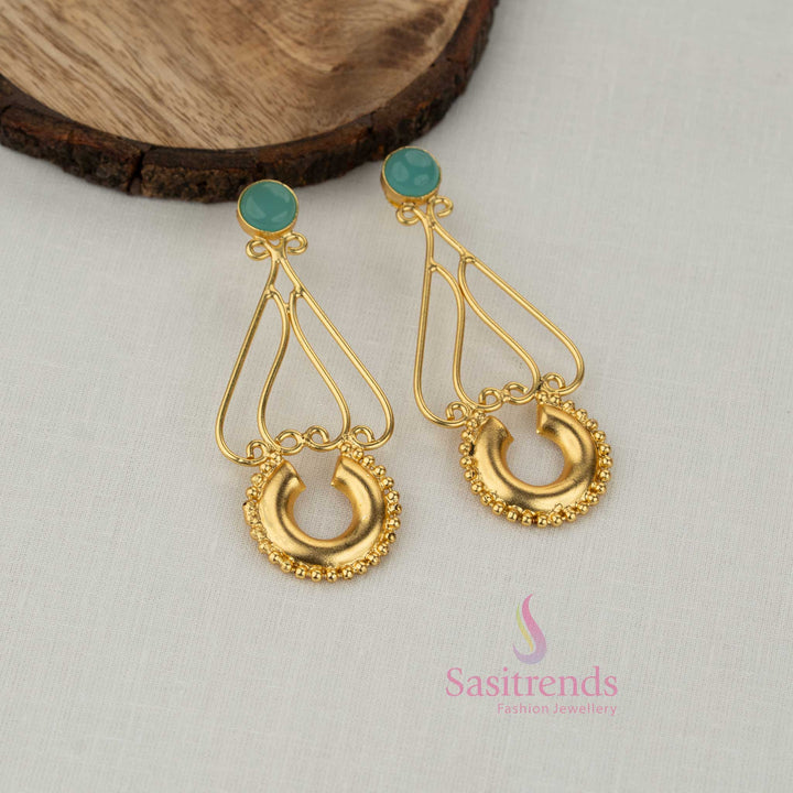 Sasitrends stylish gold plated mint stone drop earrings featuring open teardrop frame and ornamental detailing for girls