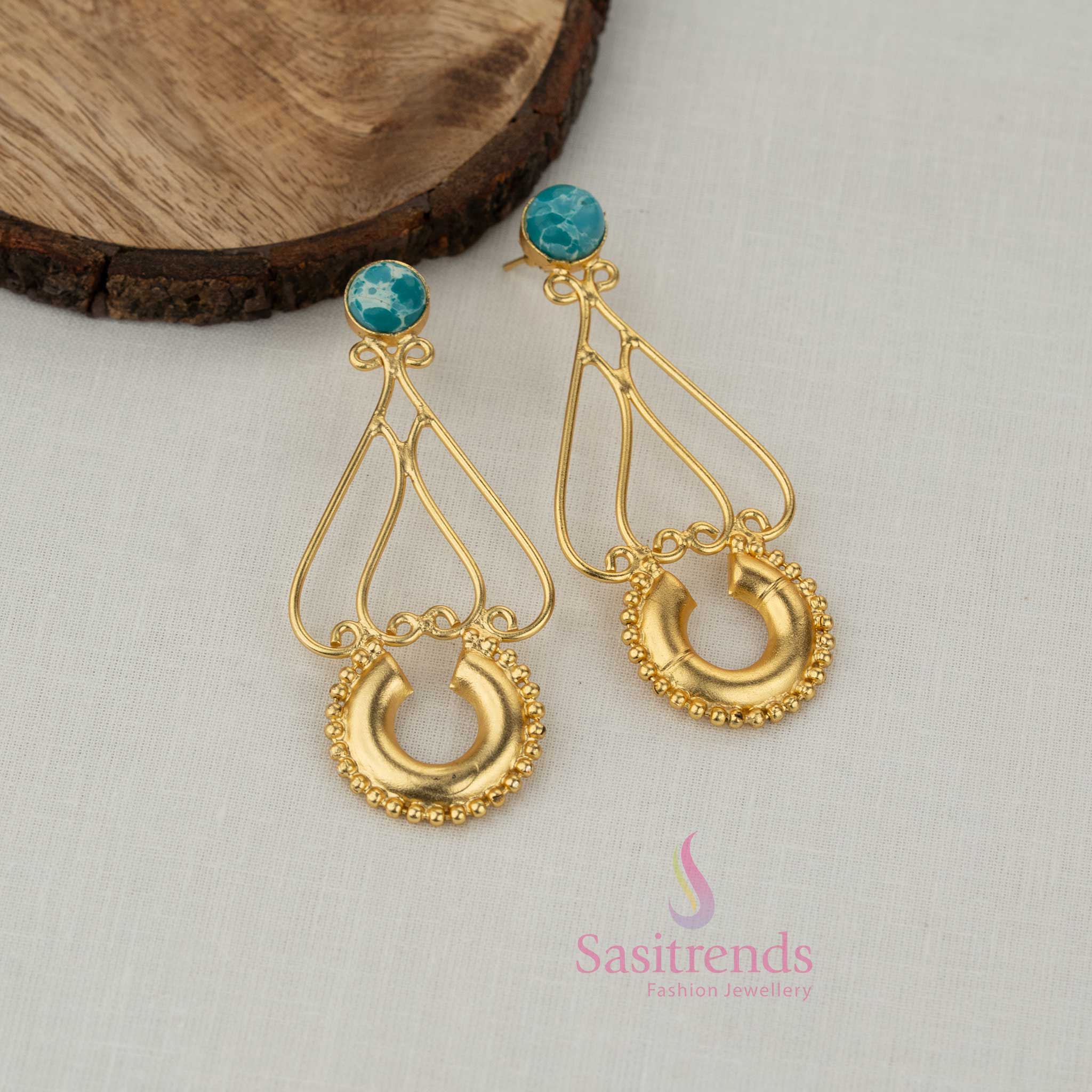 Sasitrends trendy gold plated turquoise blue stone designer drop earrings with curved frame and crescent element for girls 
