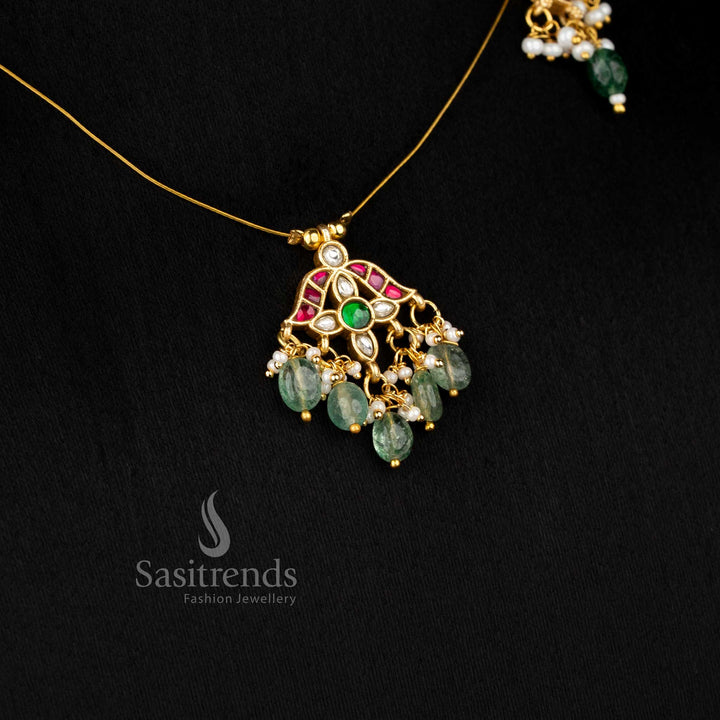 Sasitrends modern traditional jadau 24K gold plated invisible chain necklace designed with motif detailing and pearl touch for stylish saree pairing