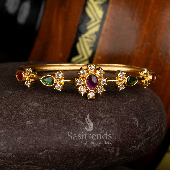 Stunning multi American Diamond Micro Gold Plated Openable Bracelet with Floral Centre Design - Sasitrends