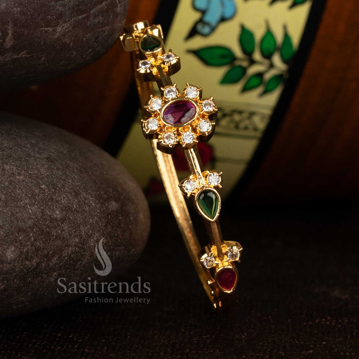Sasitrends multi american diamond micro gold plated openable bracelet with floral centre design