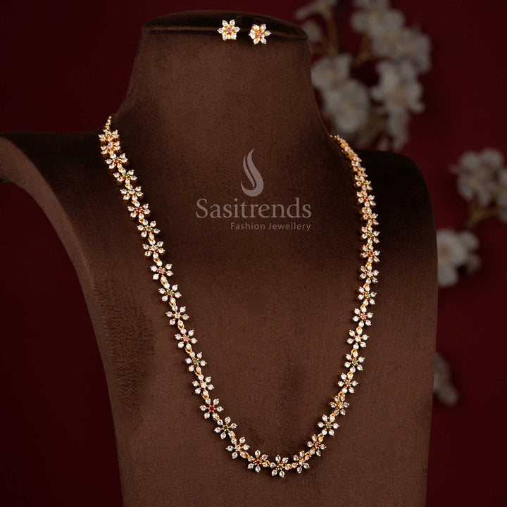 Amazing Micro Gold Plated Floral Short & Long Necklace Jewellery Set with American Diamond Stones | One Gram Guaranteed Festive Wear - Sasitrends