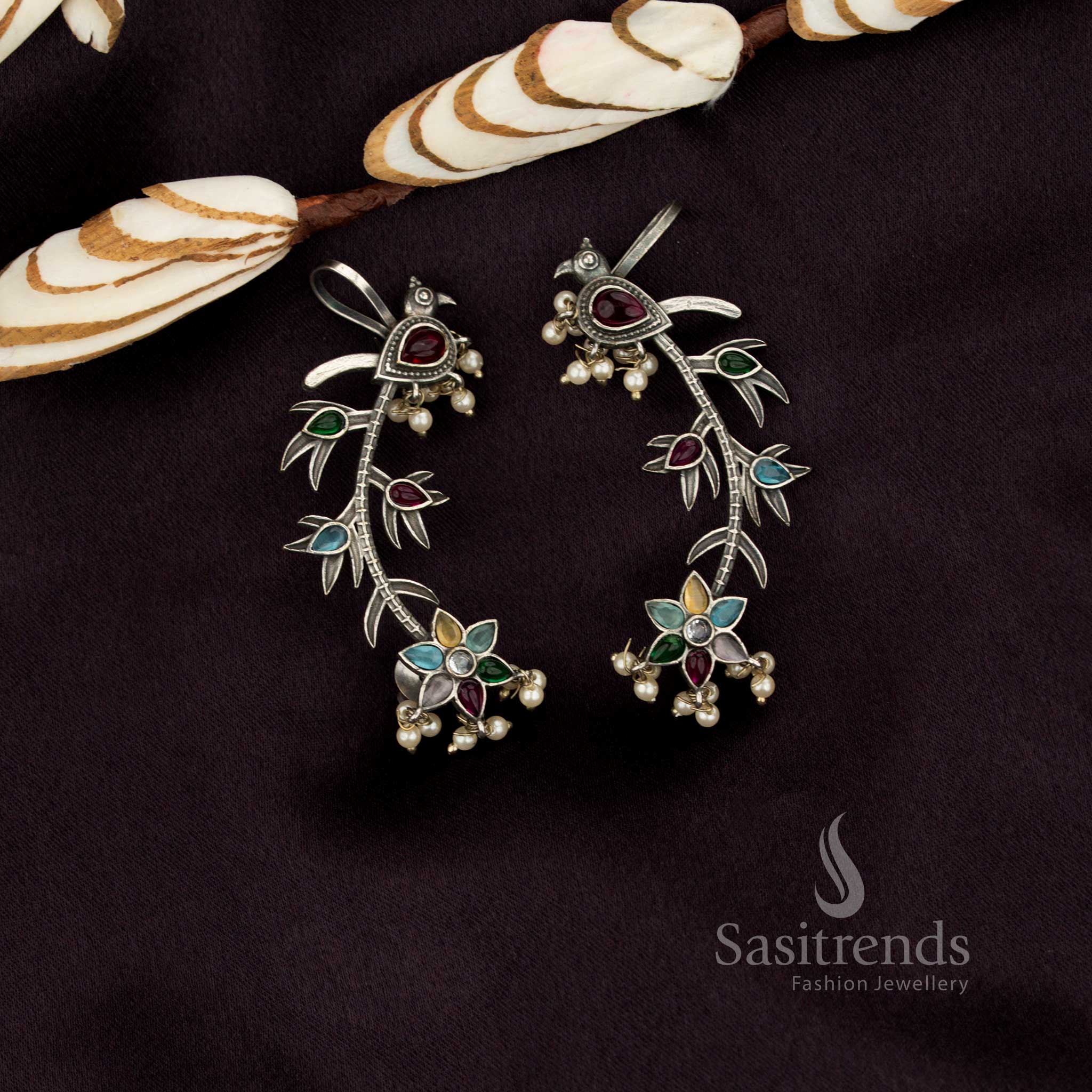 Sasitrends antique oxidised multi stone peacock vine ear cuff earrings showcasing intricate traditional craftsmanship