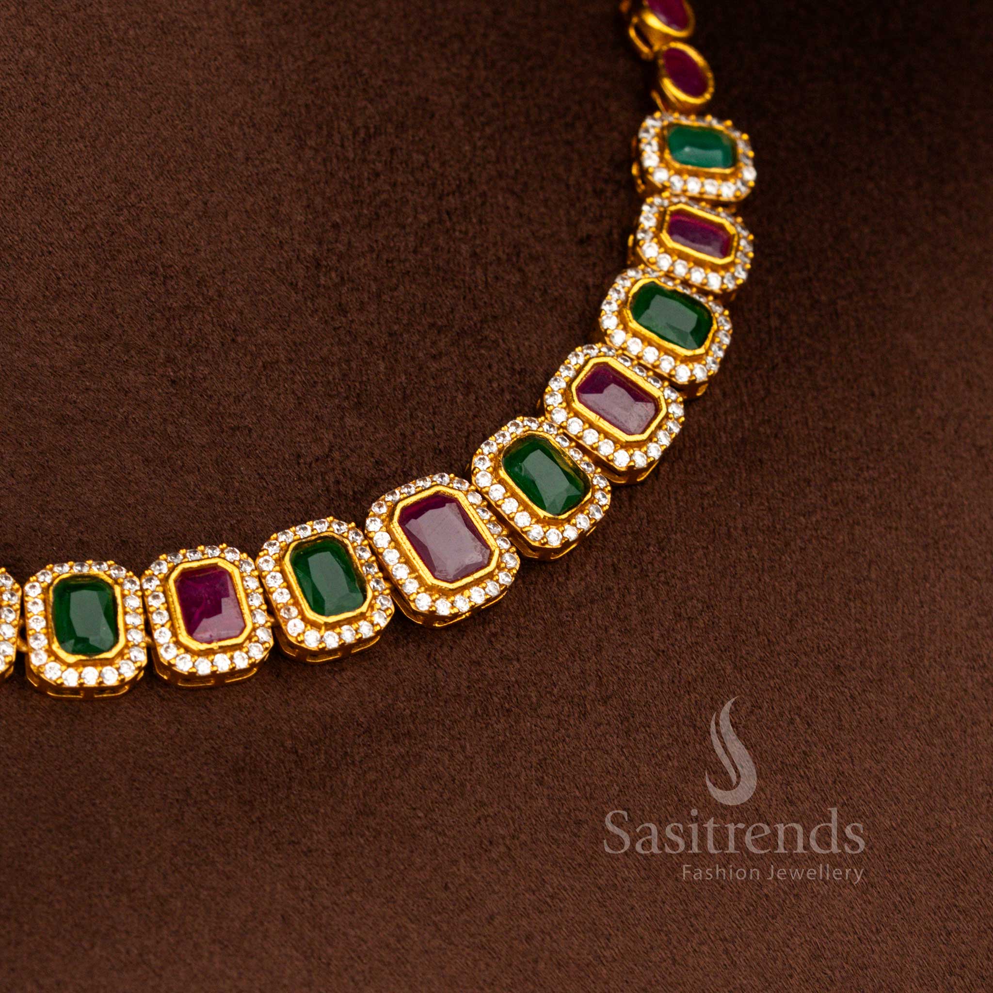 Sasitrends matte gold plated multi American diamond peacock choker necklace jewellery set featuring sparkling stones and elegant peacock motifs for bridal and celebration styling