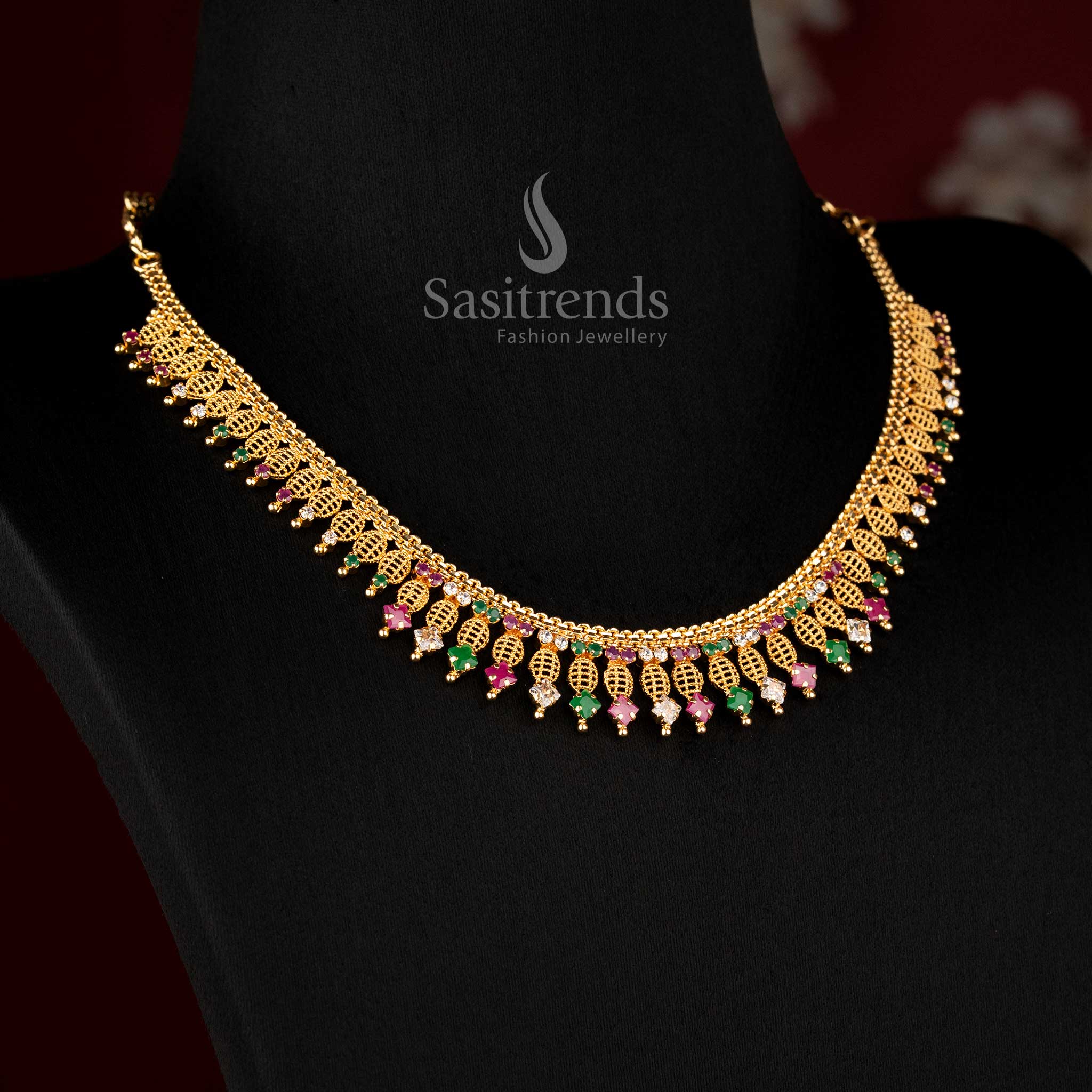 Sasitrends micro gold plated traditional necklace featuring intricate leaf lattice design with multi AD stone setting and rich hanging drop pattern crafted in 24K gold finish