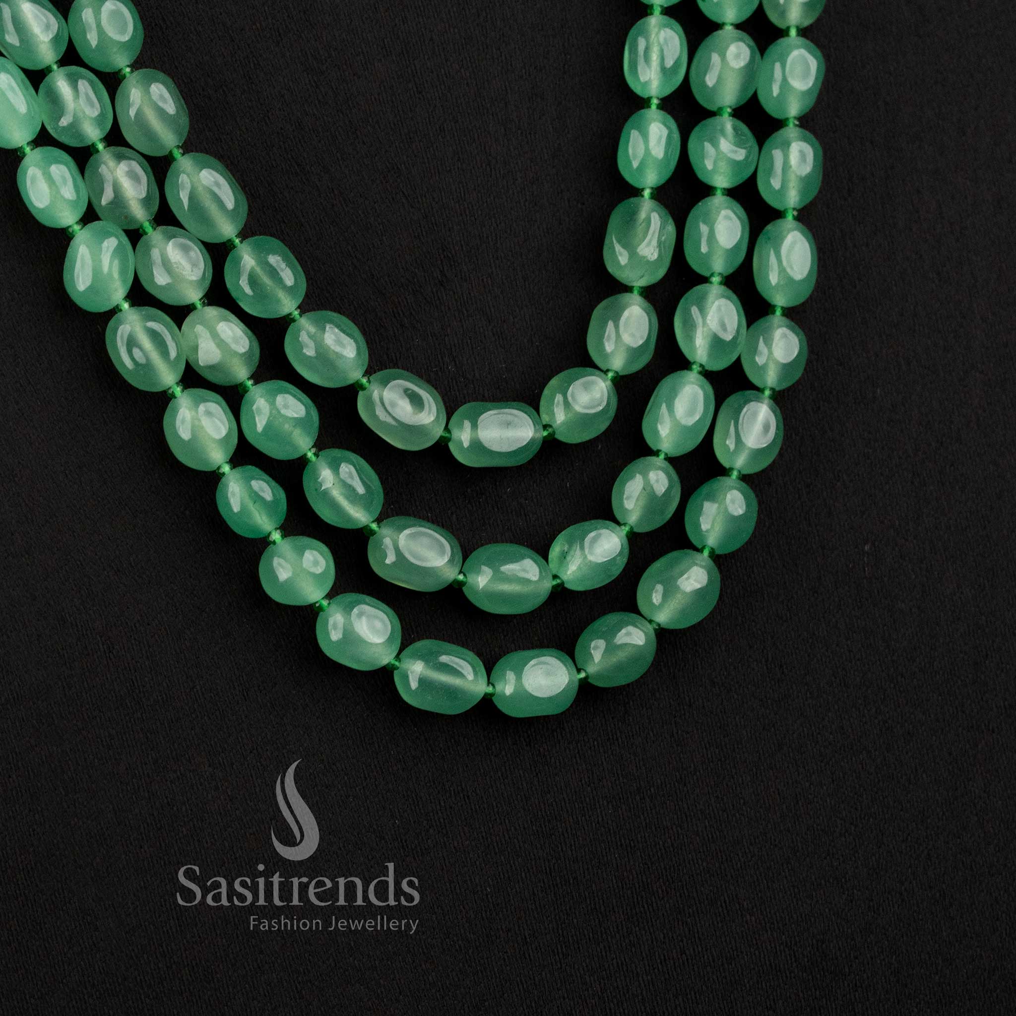 Sasitrends natural jade oval gemstone layered mala necklace for festive and wedding occasions