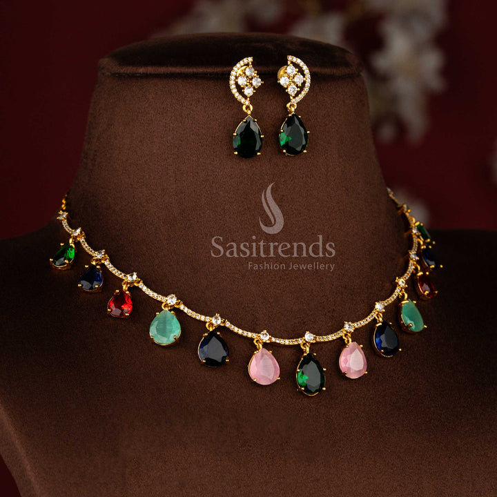 Sasitrends Navarathna American Diamond matte gold plated necklace jewellery set with structured AD stone chain and multiple teardrop dangle design