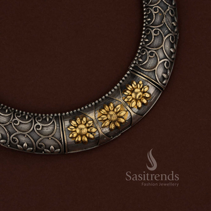 92.5 Dual Tone Silver Oxidised Plated Floral Scrollwork Husli Jewellery Set - Sasitrends