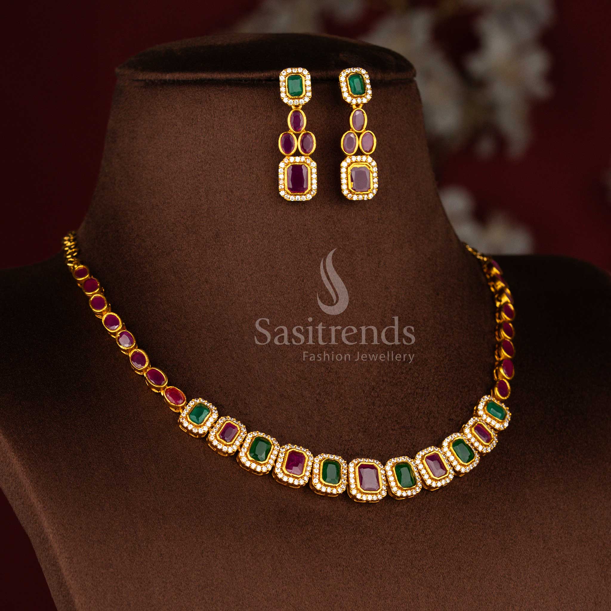 Sasitrends new trendy matte gold plated multi American diamond peacock choker necklace jewellery set designed with intricate traditional detailing for ethnic party wear and festive occasions