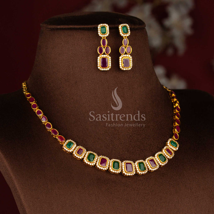 Sasitrends new trendy matte gold plated multi American diamond peacock choker necklace jewellery set designed with intricate traditional detailing for ethnic party wear and festive occasions