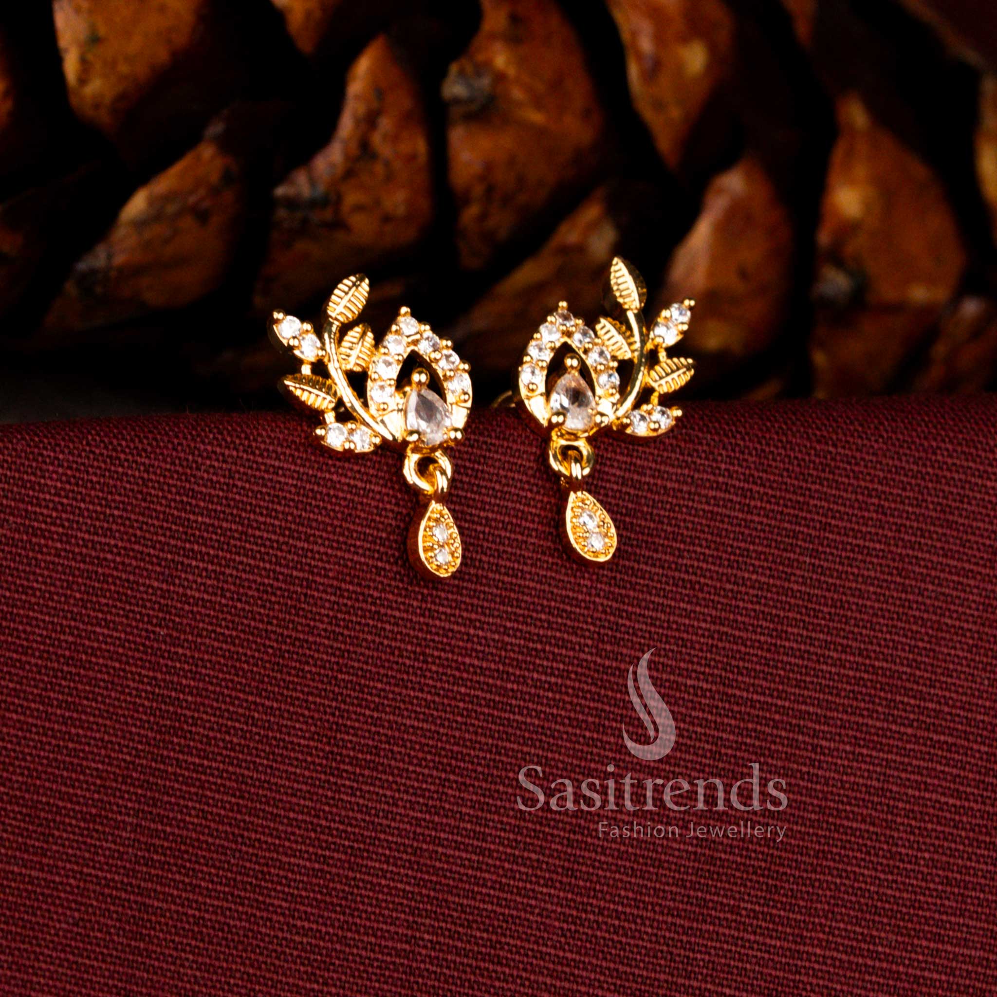 Sasitrends Guaranteed white American Diamond 24k micro gold plated leaf vine drop earrings with pear shaped centre stone