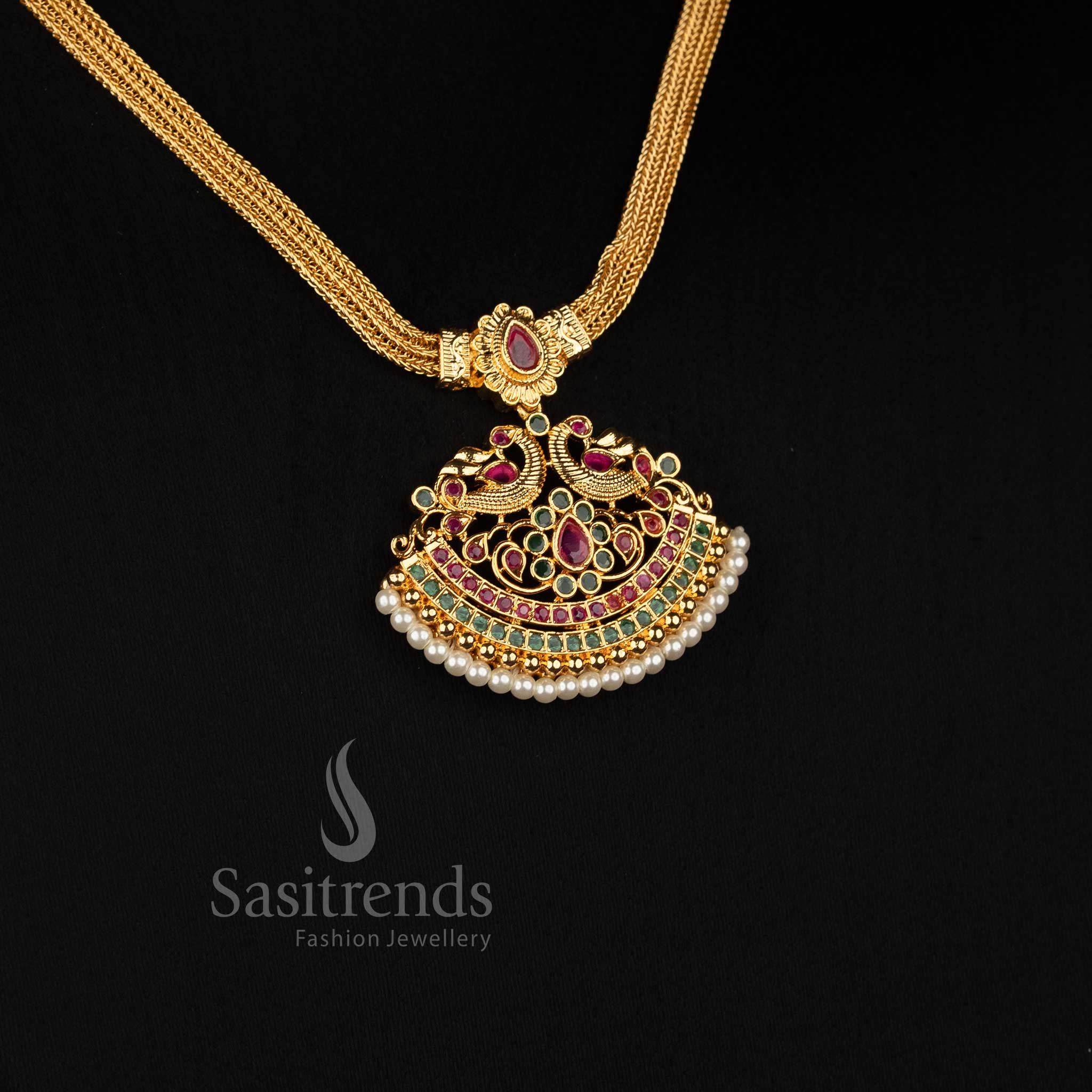 Sasitrends one gram 24K micro gold plated twin peacock ruby green AD stone necklace with pearl drops