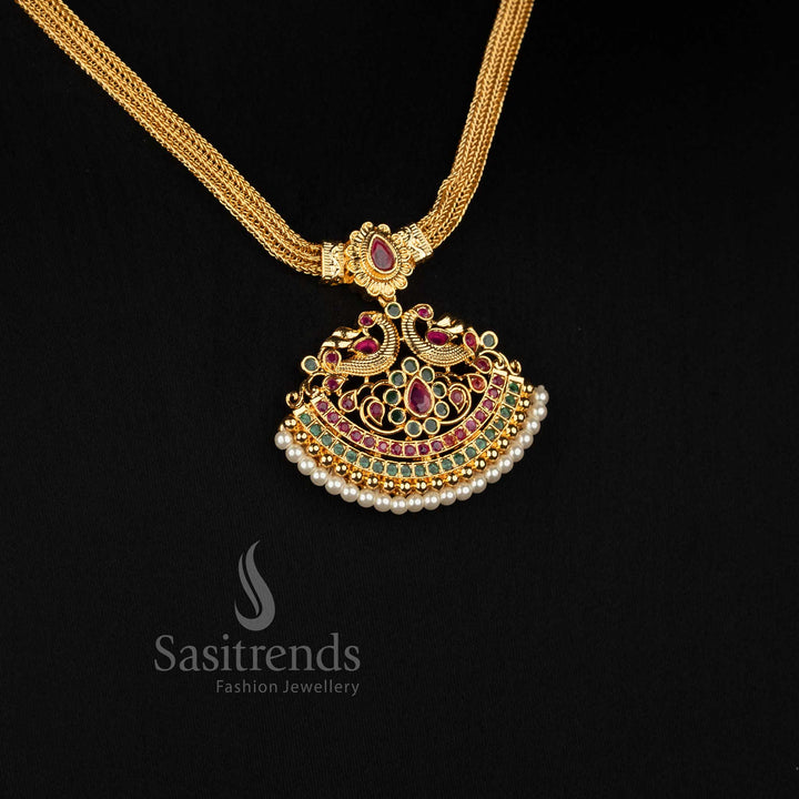 Sasitrends one gram 24K micro gold plated twin peacock ruby green AD stone necklace with pearl drops