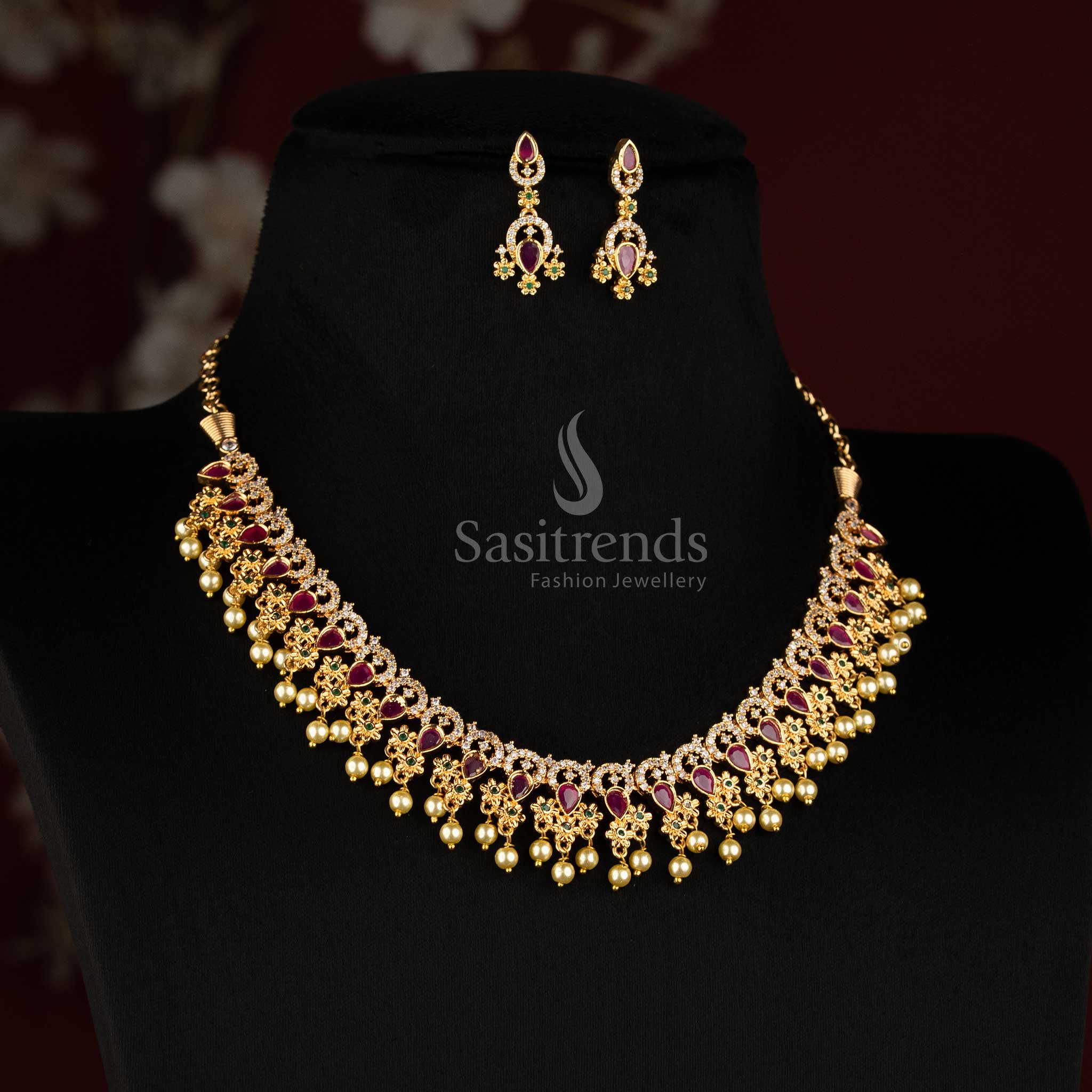 Stunning Micro Gold Plated AD Floral Pearl Drops Choker Necklace Set - Sasitrends