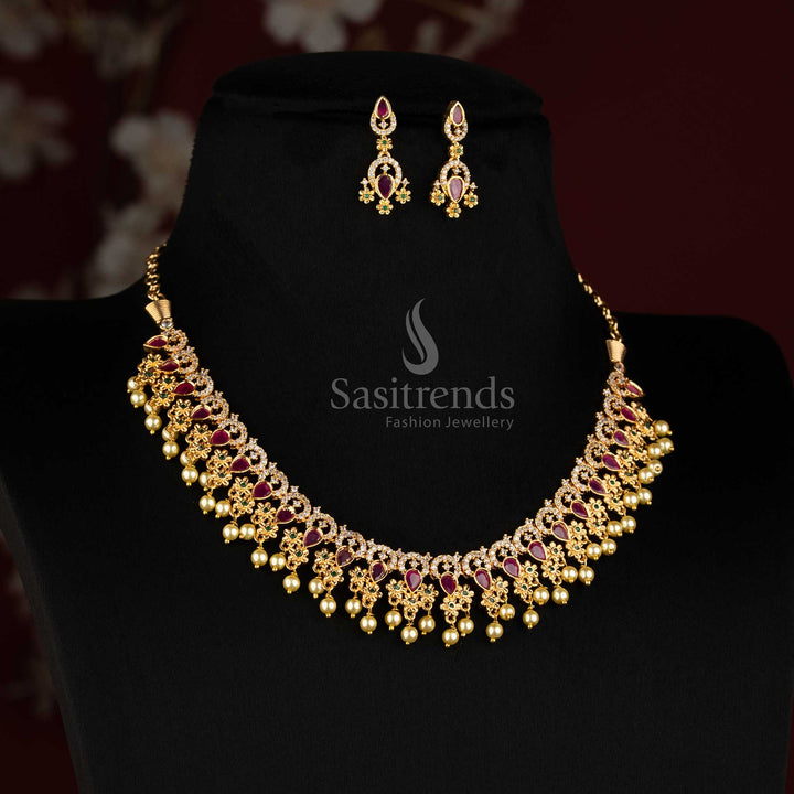 Stunning Micro Gold Plated AD Floral Pearl Drops Choker Necklace Set - Sasitrends