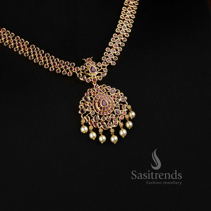 Beautiful Micro Gold Plated Double Row AD Stone Necklace Jewellery Set with Pearl Drops - Sasitrends