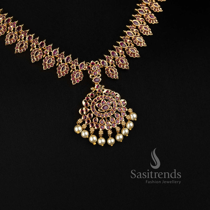 Stunning Micro Gold Plated Leaf Link AD Stone Necklace Set with Pearl Drops - Sasitrends