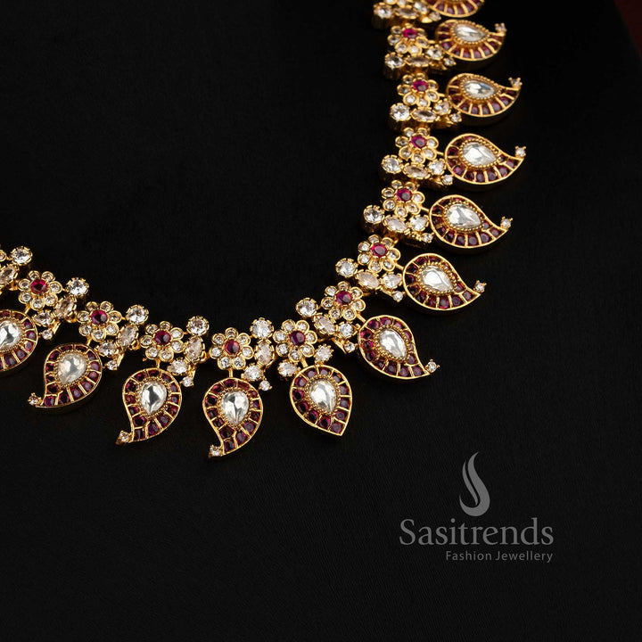 Traditional Micro Gold Plated Mango Paisley AD Stone Necklace Set with Matching Earrings - Sasitrends