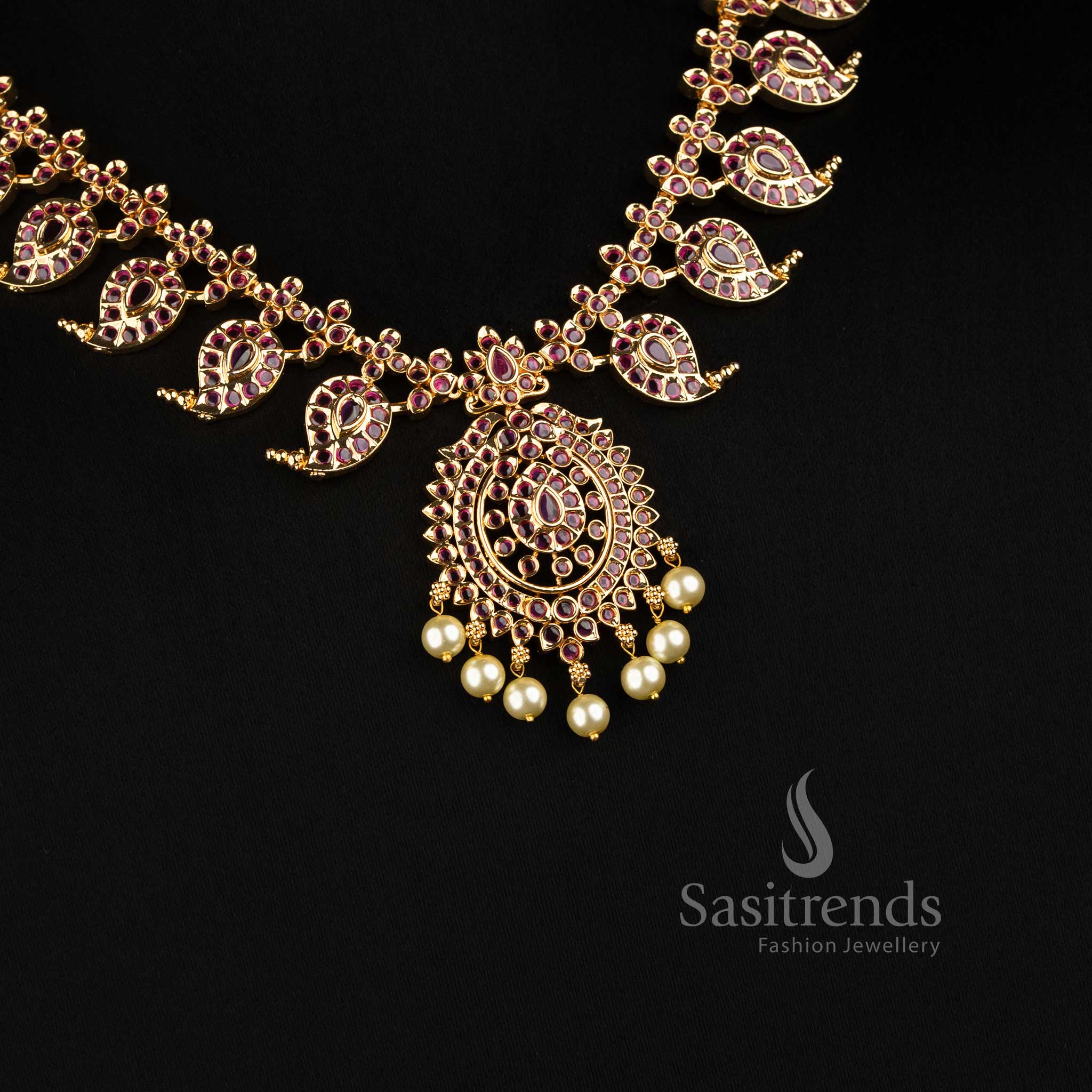Traditional Micro Gold Plated Mango Paisley AD Stone Necklace Jewellery Set with Pearl Drops Guaranteed - Sasitrends