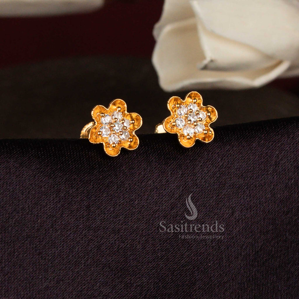 Sasitrends floral design white AD stone stud earrings featuring layered petal construction and classic micro gold finish