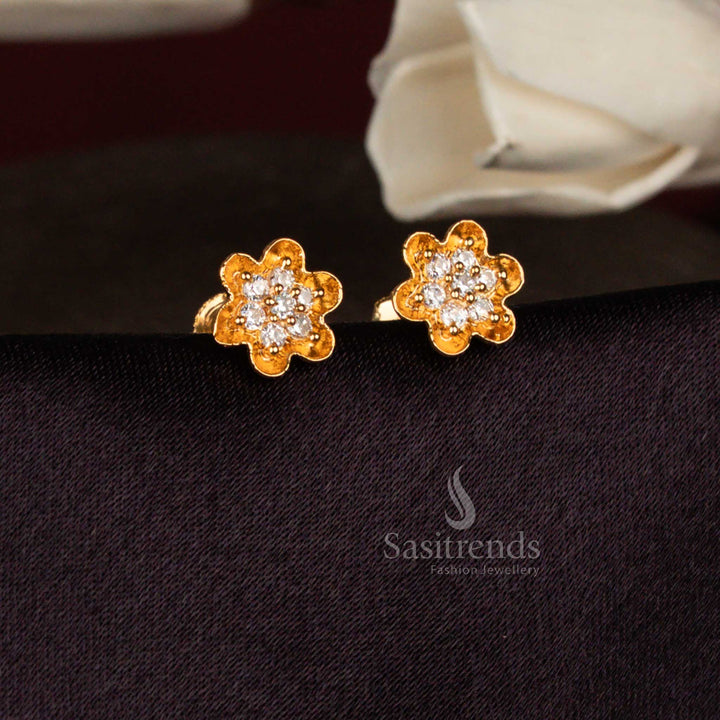 Sasitrends floral design white AD stone stud earrings featuring layered petal construction and classic micro gold finish