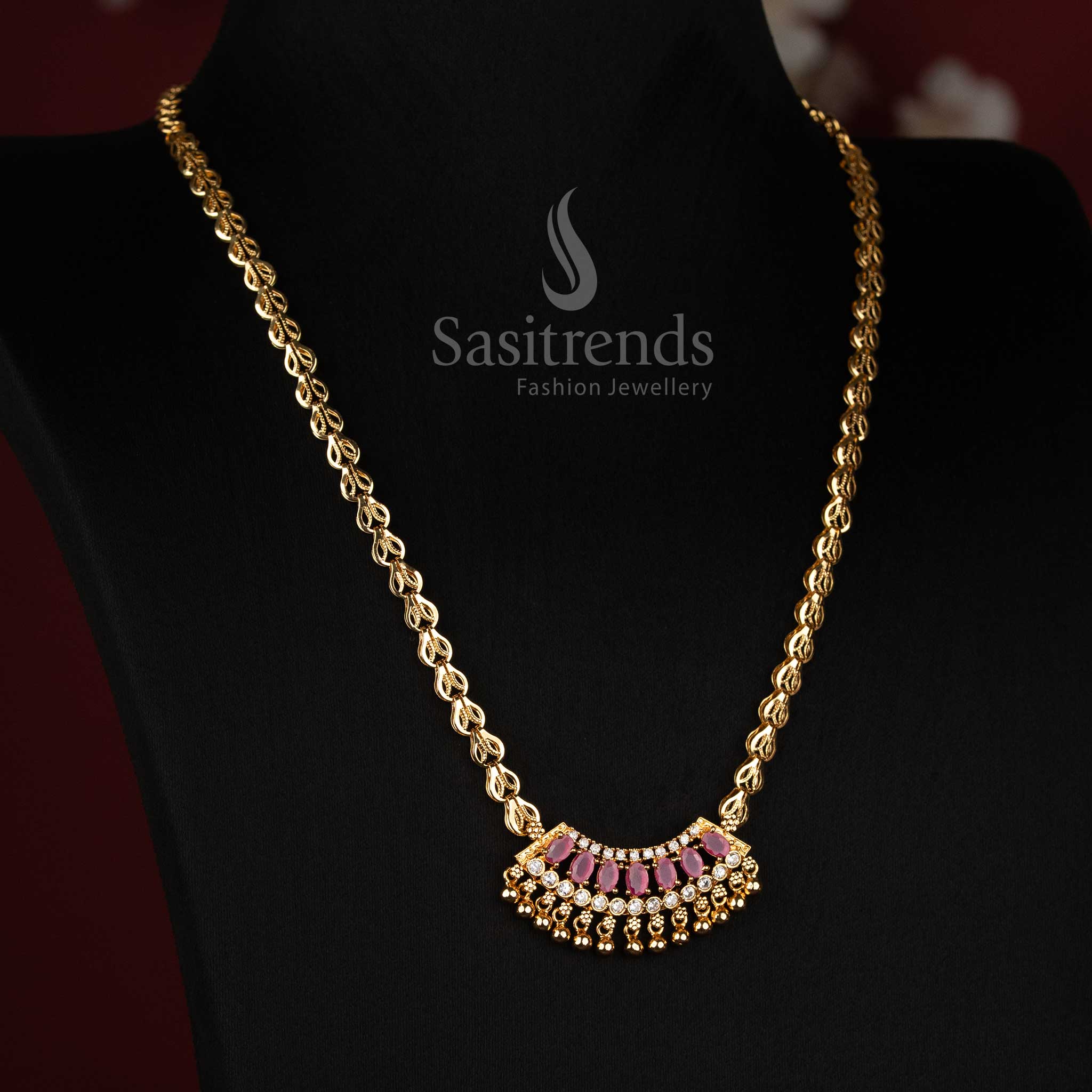One gram micro gold plated designer necklace with sparkling white ruby AD stones and golden bead drops