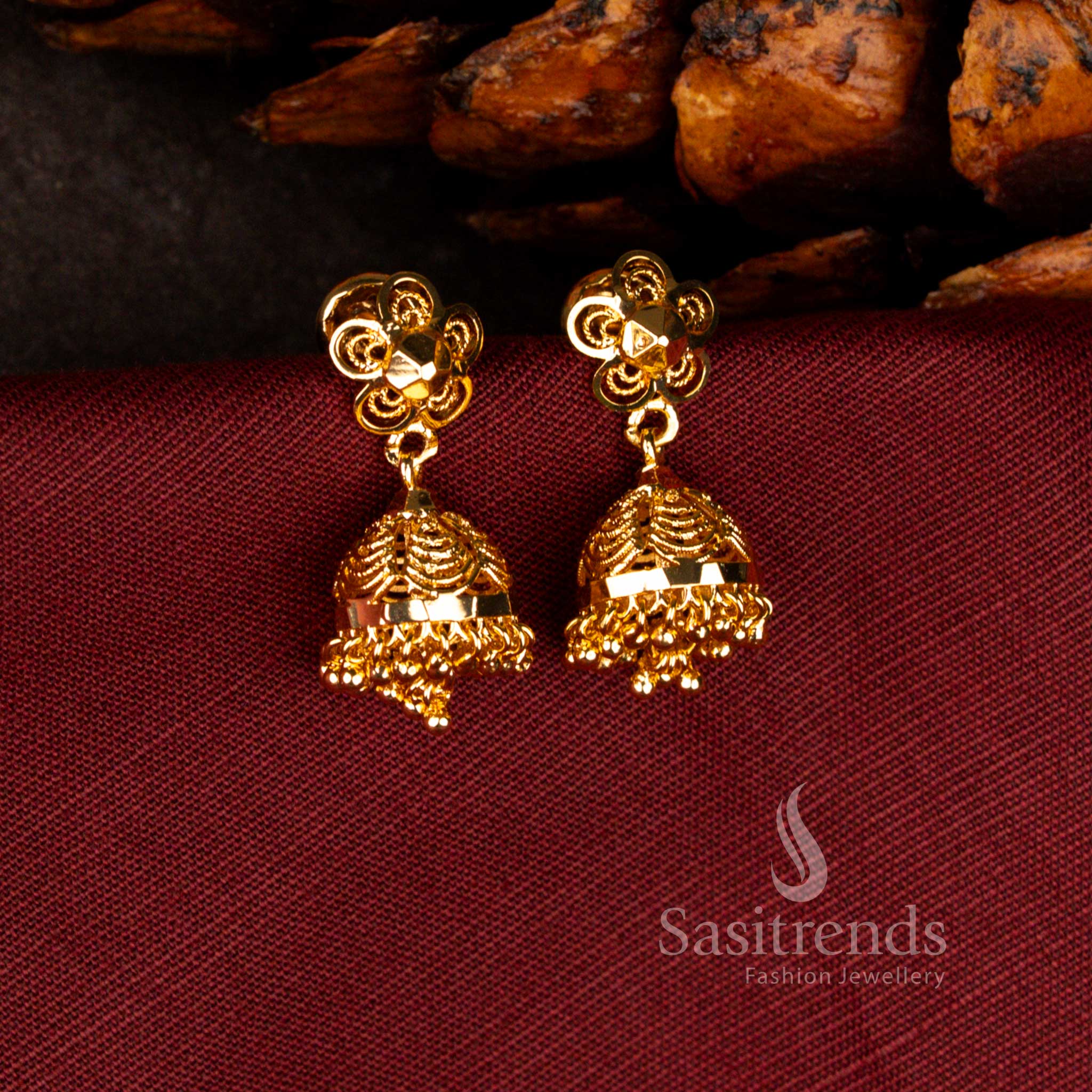 Sasitrends one gram guaranteed micro gold plated antique temple dome floral dome jhumka earrings with rich 24K gold lustre finish for grand ethnic occasions