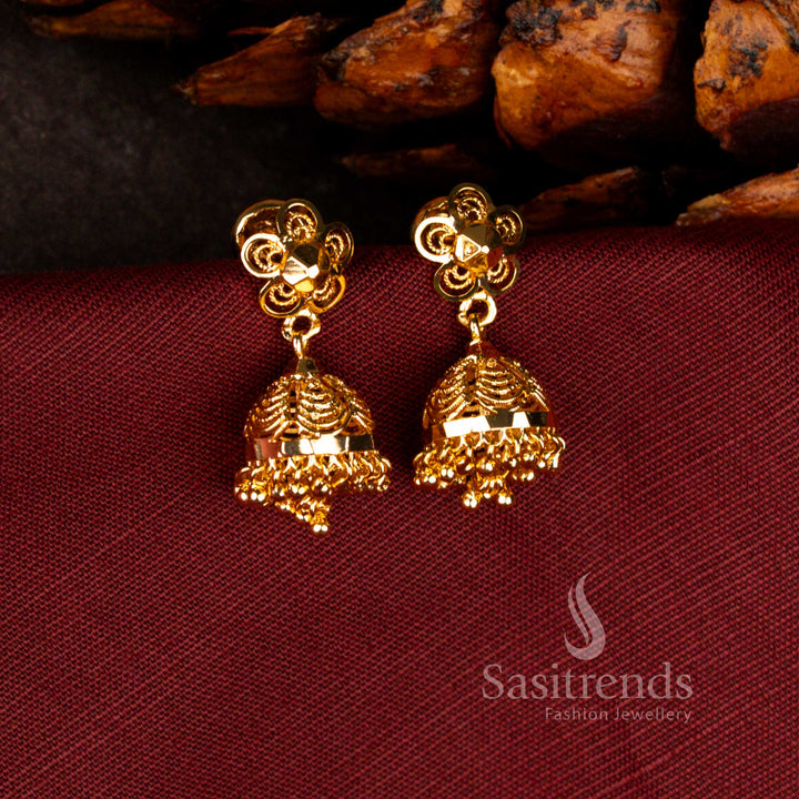 Sasitrends one gram guaranteed micro gold plated antique temple dome floral dome jhumka earrings with rich 24K gold lustre finish for grand ethnic occasions