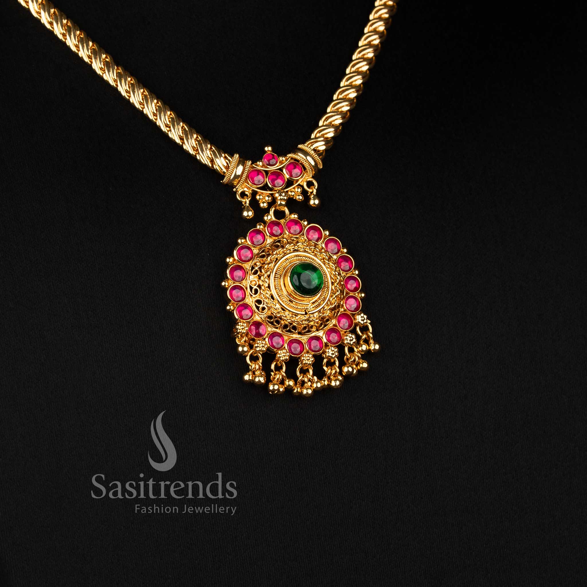 Sasitrends one gram micro gold plated circular AD stone necklace with golden bead drops