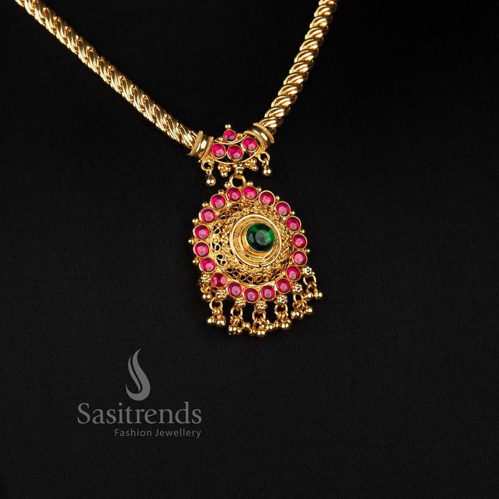 Sasitrends one gram micro gold plated circular AD stone necklace with golden bead drops