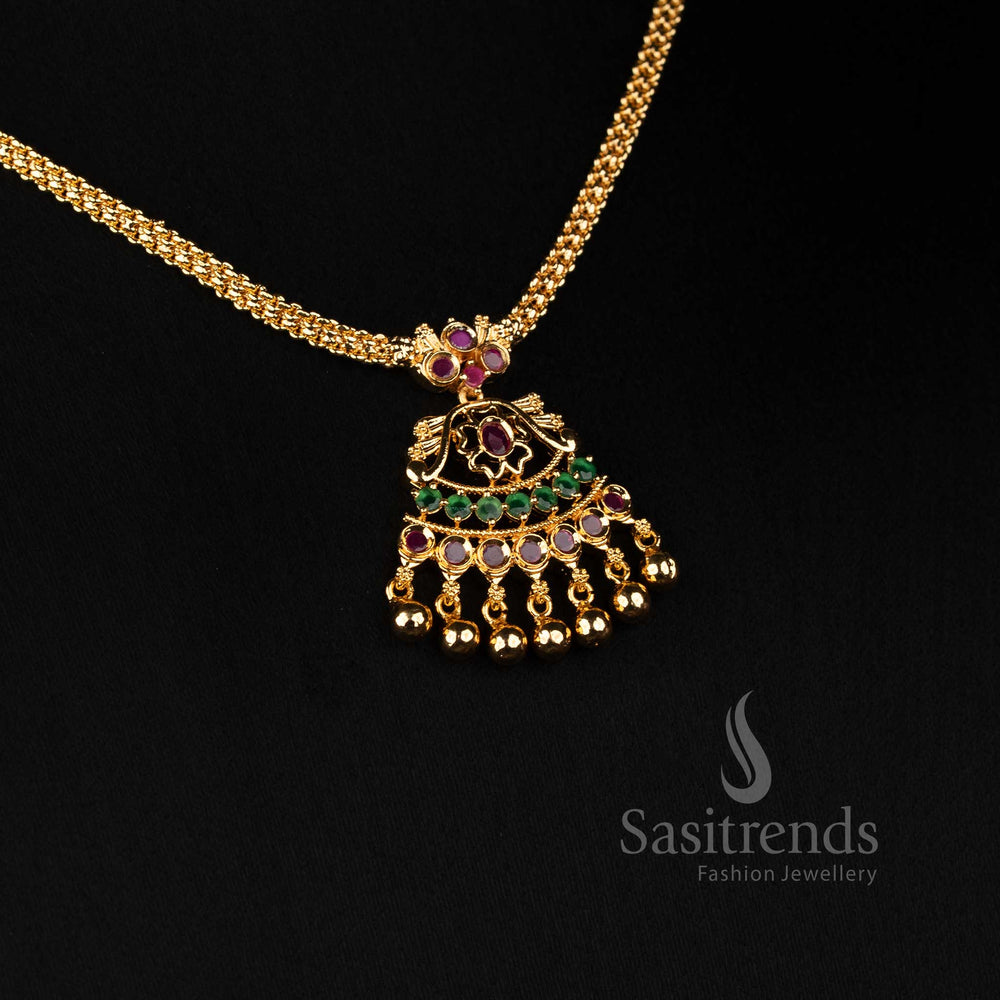 Sasitrends one gram micro gold plated floral ruby green AD stone necklace with golden bead detailing