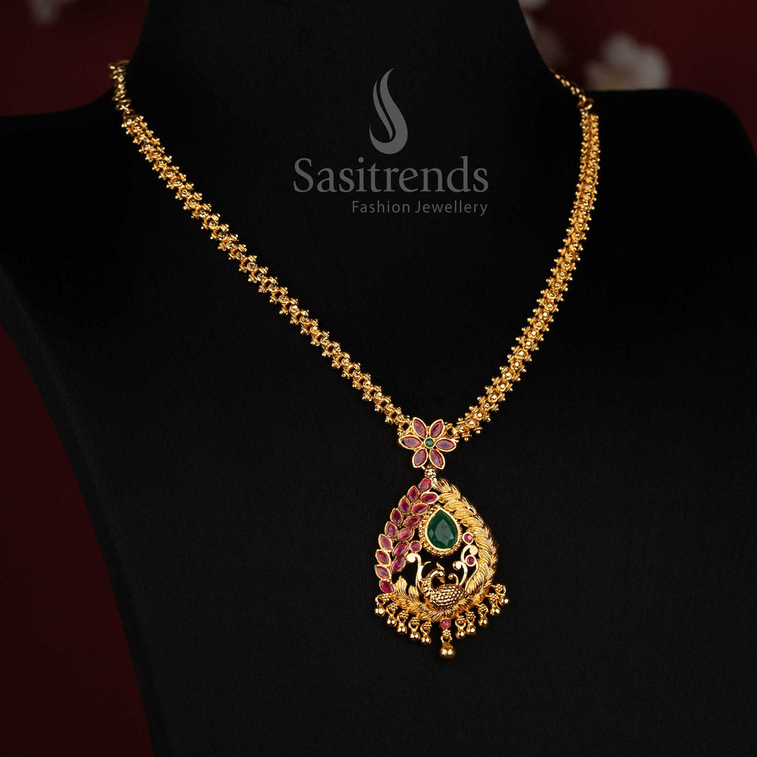Sasitrends 24K pure gold plated floral necklace with elongated teardrop pendant structure, intricate openwork and decorative hanging beads 
